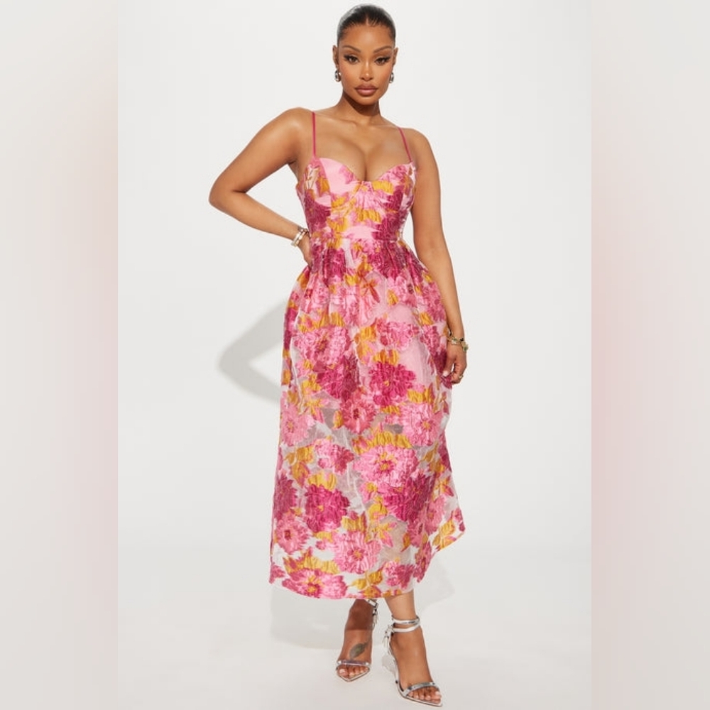 Fashion Nova Jacquard Floral Pink Dress XL NWT